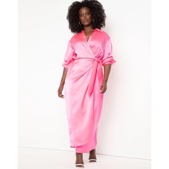 Eloquii Pink Satin Wrap Maxi Dress - Picture 1 of 12